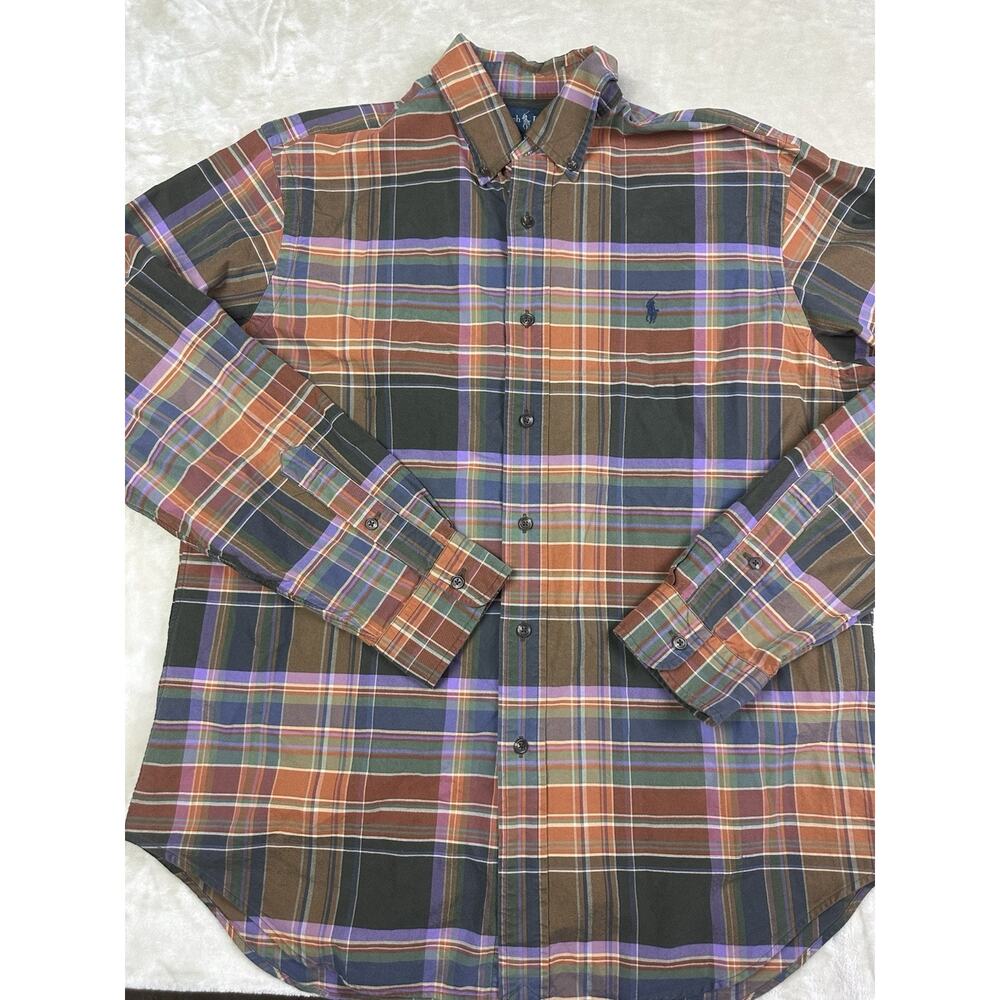 Ralph Lauren Classic Fit Plaid Shirt Men’s L Long Sleeve Orange Green Pony Logo